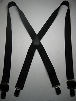 2" wide. "X" Style  Assorted Sizes for People 5' 1" to 6' 7" tall. (42" to 60" long).  Suspenders With GENUINE LEATHER BACK PATCH.  All Straps are stretchable Cotton/Polyester Hand Washable-Hang to Dry Material with  4 Strong 1"x 1" Stainless Steel Grips and 2 Stainless Steel  Length Adjusters in the Front.   X-PA420N-D2B